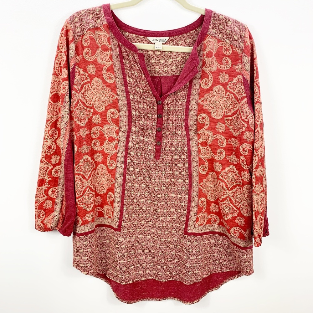 Lucky Brand Mixed Print 3/4 Henley Top sz Large
